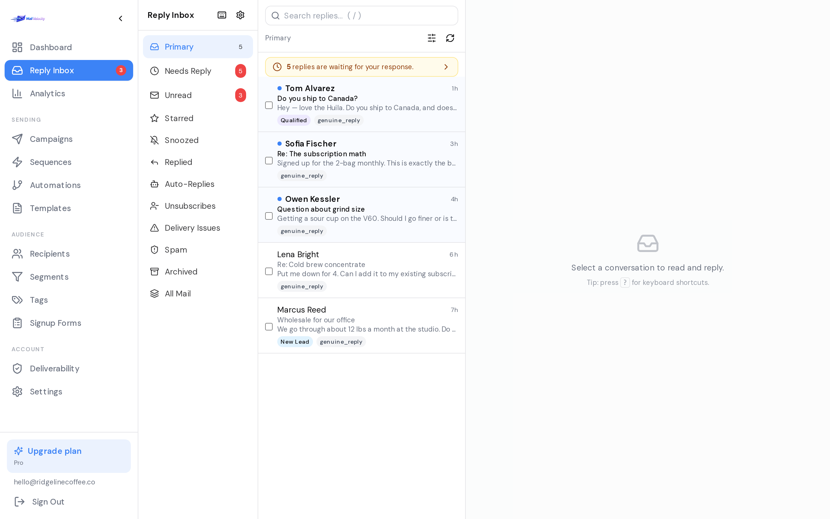 The Mail Velocity Reply Inbox with five genuine replies sorted into primary, needs-reply and unread folders, each labelled with its classification and lead status