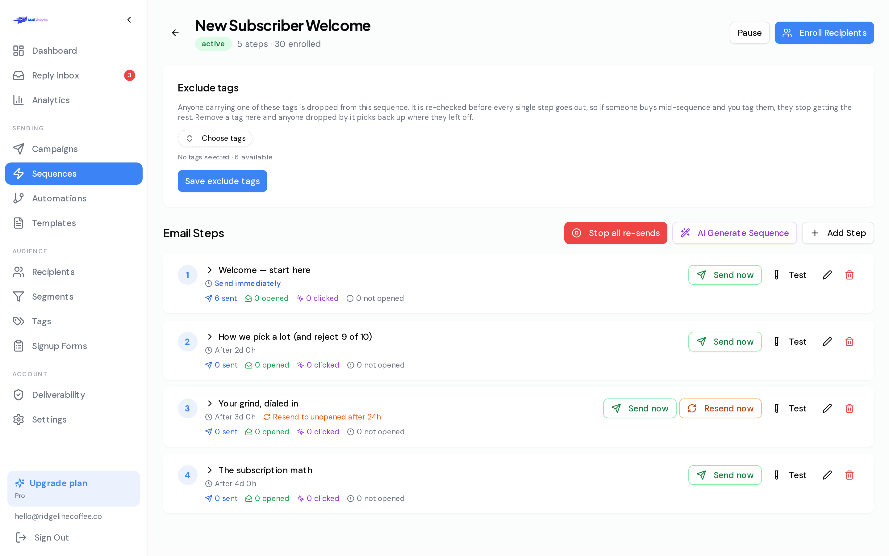 A five-step welcome sequence in Mail Velocity with per-step delays, a re-send to unopened rule, and thirty enrolled recipients